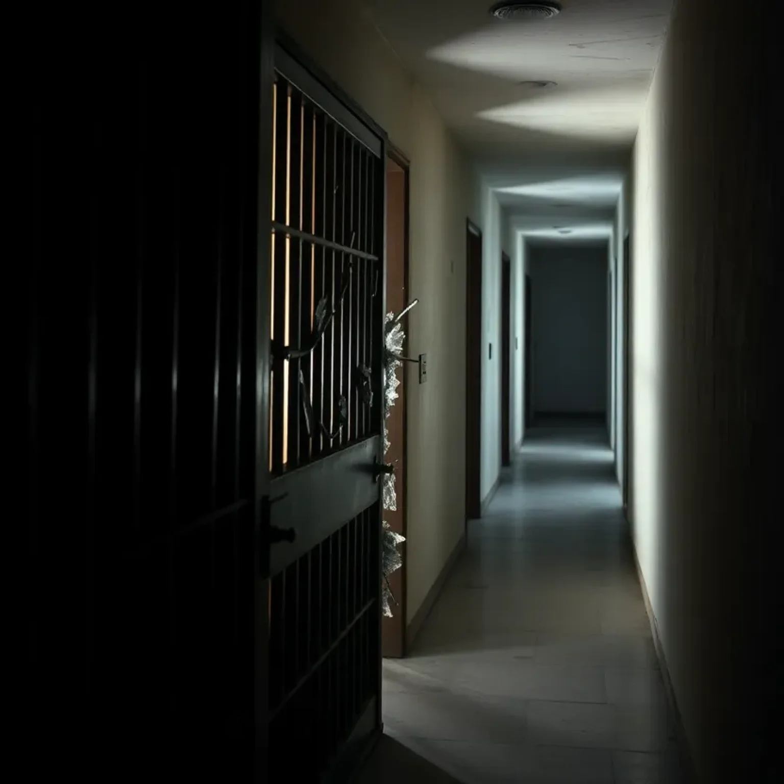 A broken jail cell door representing a recent escape incident.