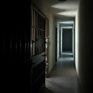 A broken jail cell door representing a recent escape incident.