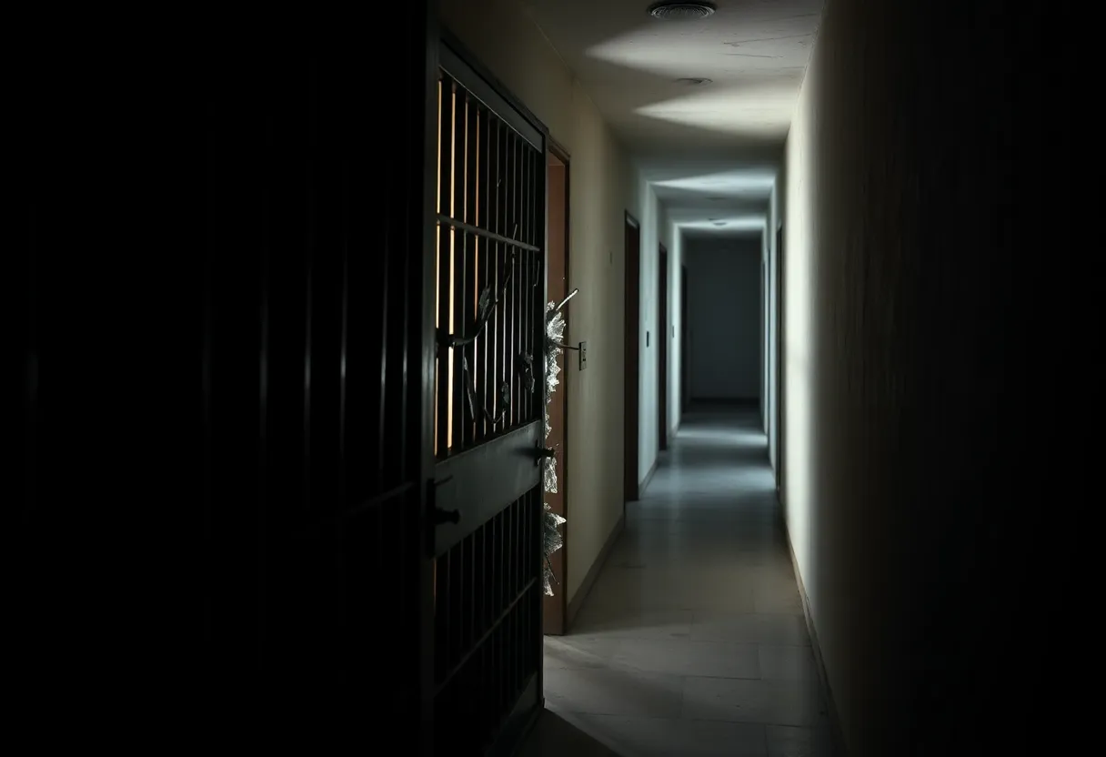 A broken jail cell door representing a recent escape incident.