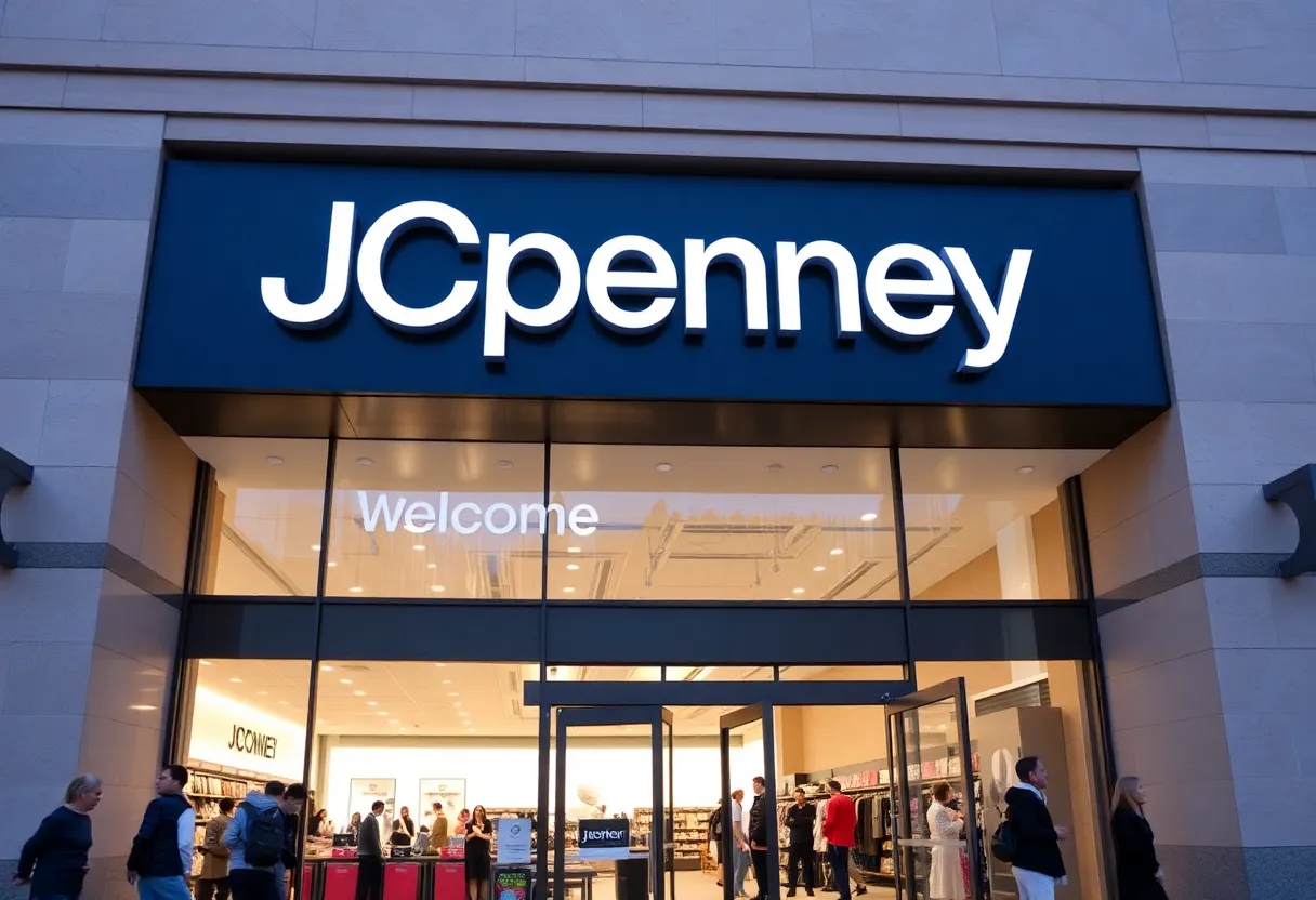 Exterior view of a JCPenney store with a busy entrance