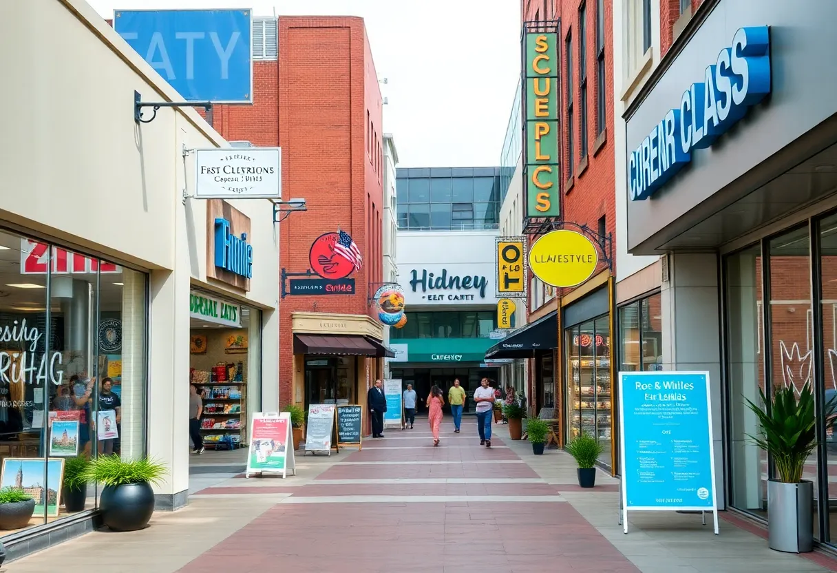 A bustling Lafayette commercial retail space with various storefronts