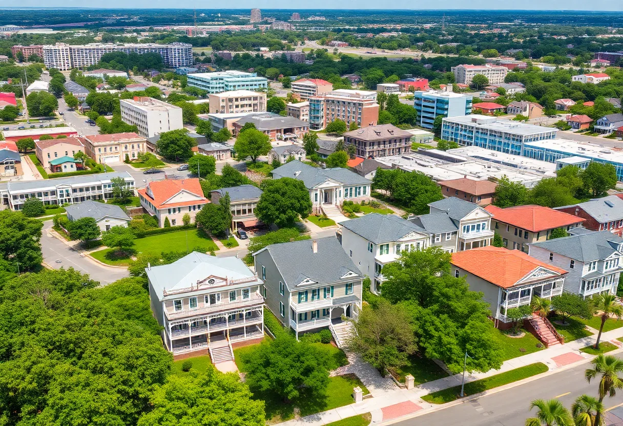 Cityscape of Lafayette, Louisiana showing diverse housing and green spaces