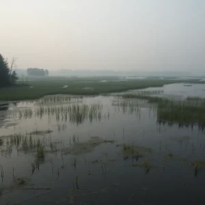 A peaceful lagoon in New Orleans marshlands, symbolizing the investigation of a missing boy.