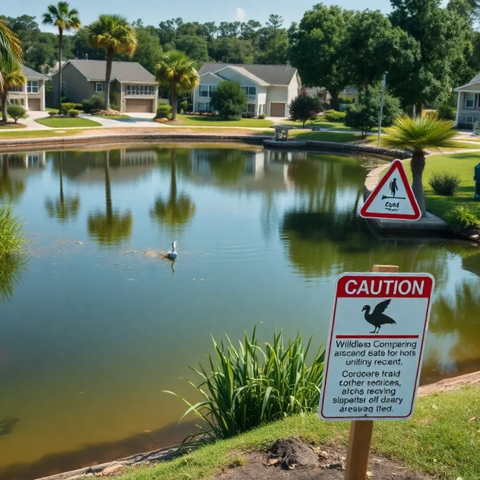 A tranquil lagoon with warning signs for alligator presence.