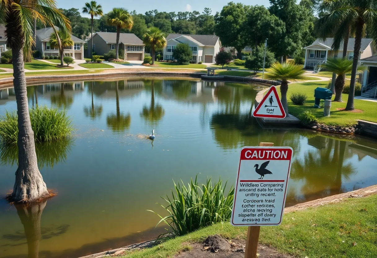 A tranquil lagoon with warning signs for alligator presence.