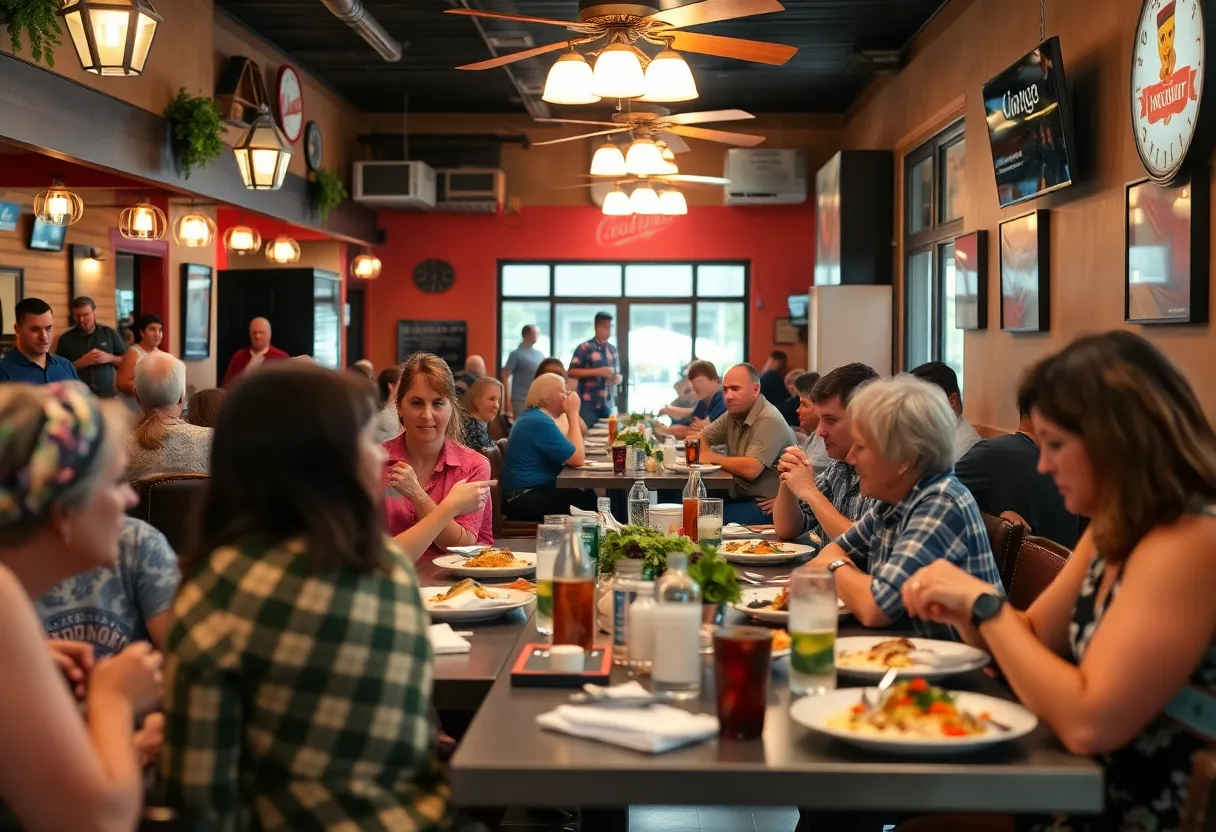 Crowded local restaurant in Louisiana with diverse diners