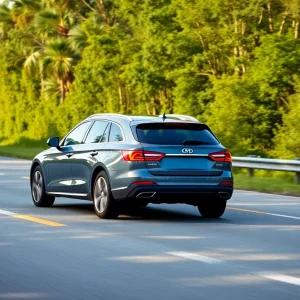 A modern car driving on a scenic Louisiana road representing auto insurance rate declines.