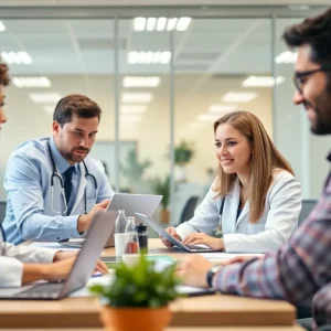 Employees working together in a healthcare office