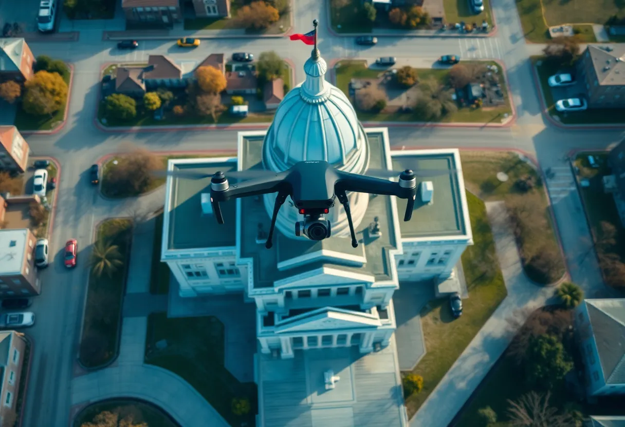 Police drones monitoring a state capital building in Louisiana