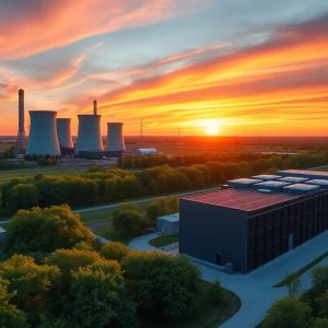 Natural gas power plants with a data center in Louisiana landscape