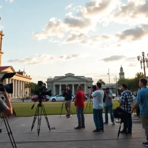 Filmmakers on a set in Louisiana