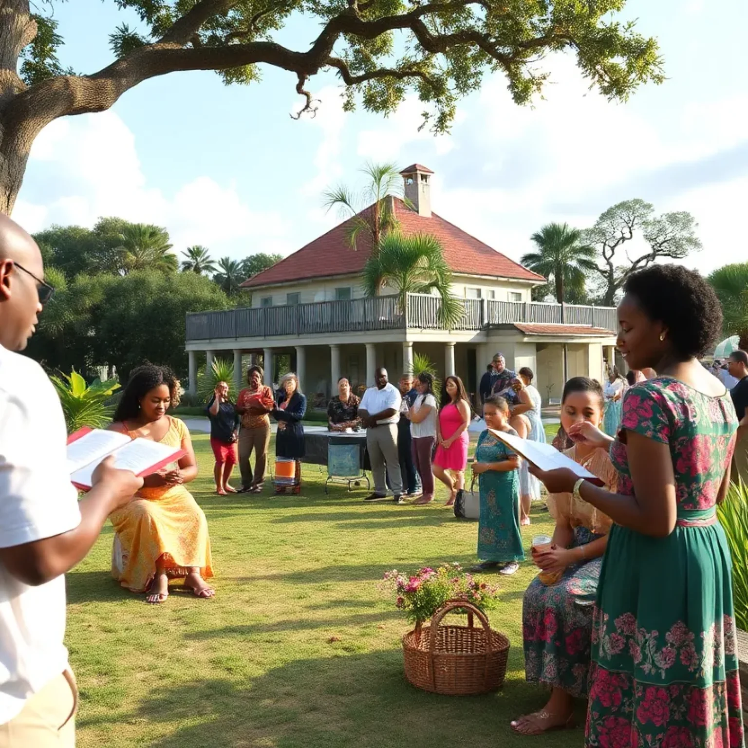 A cultural scene representing Louisiana's literary traditions and community engagement.