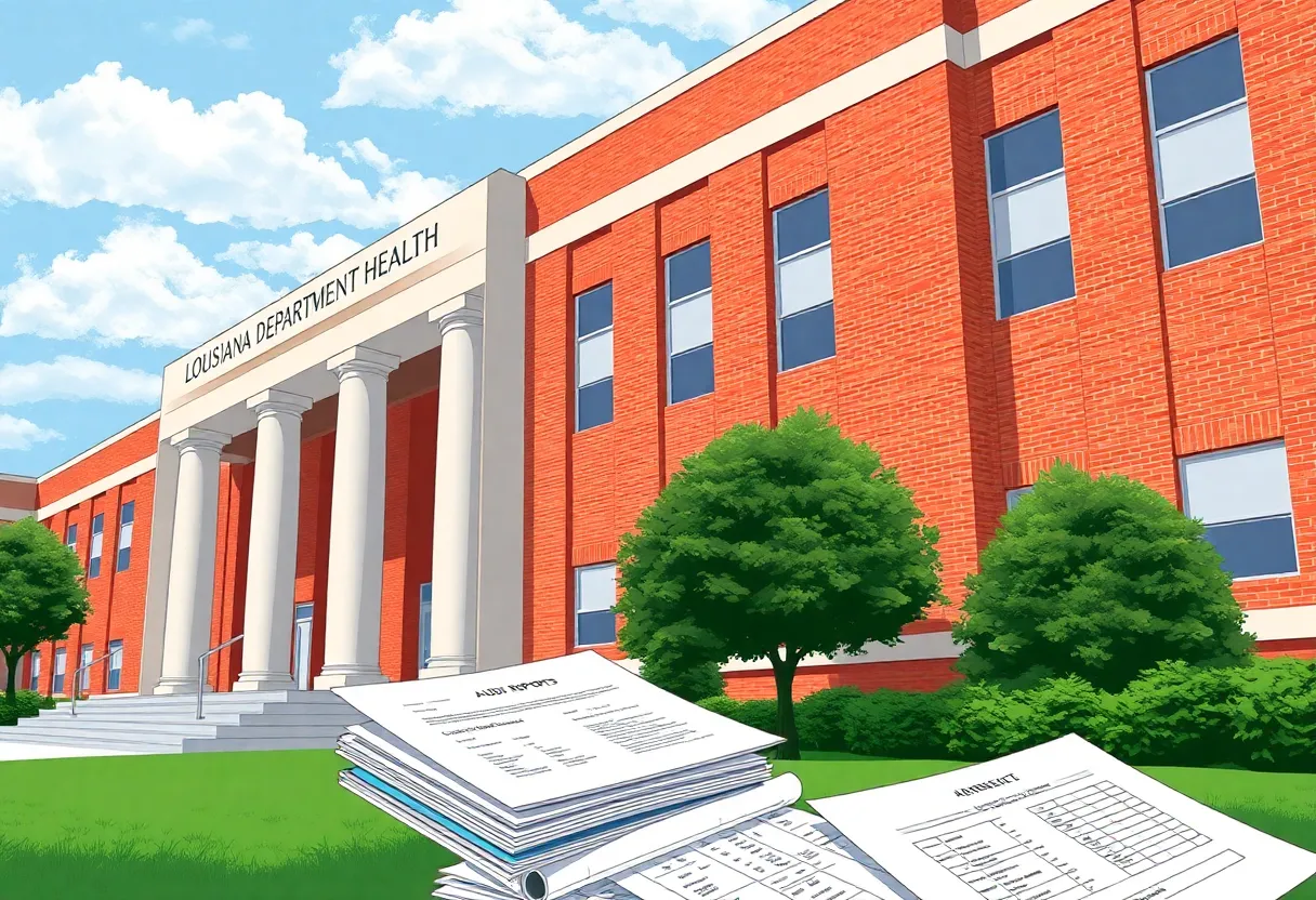 Audit report in front of Louisiana Department of Health building