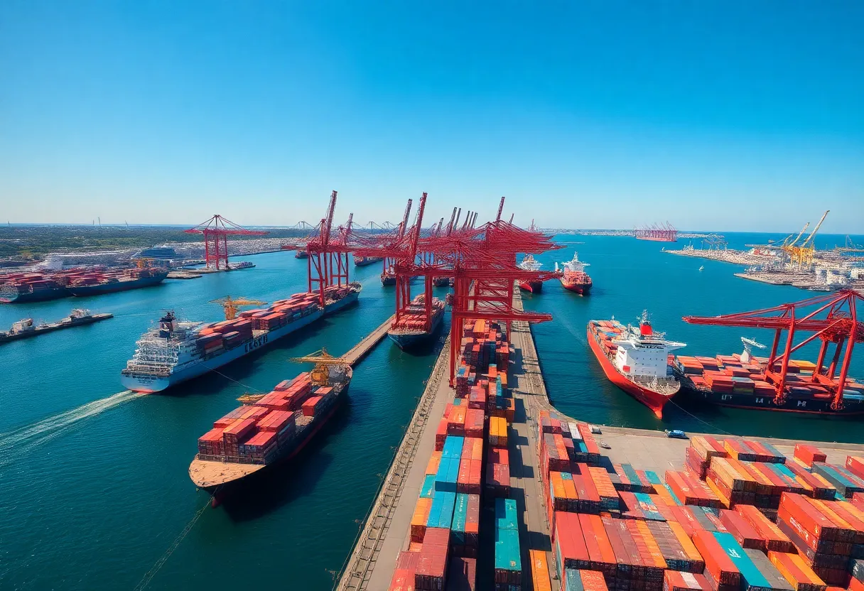 Aerial view of multiple Louisiana ports with cargo operations