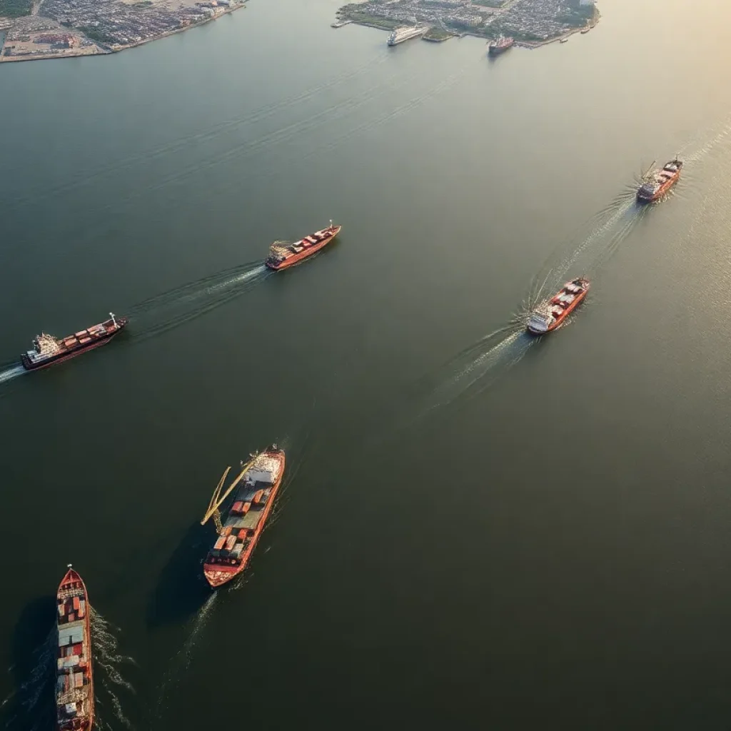 Aerial view of Louisiana ports on the Lower Mississippi River