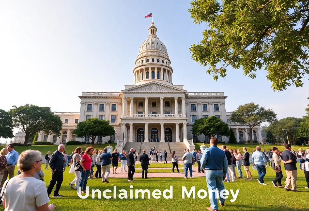 Louisiana Capitol surrounded by residents checking unclaimed property