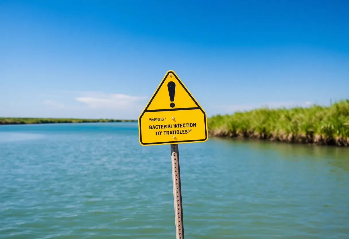 Caution sign near Louisiana waterways about Vibrio infections