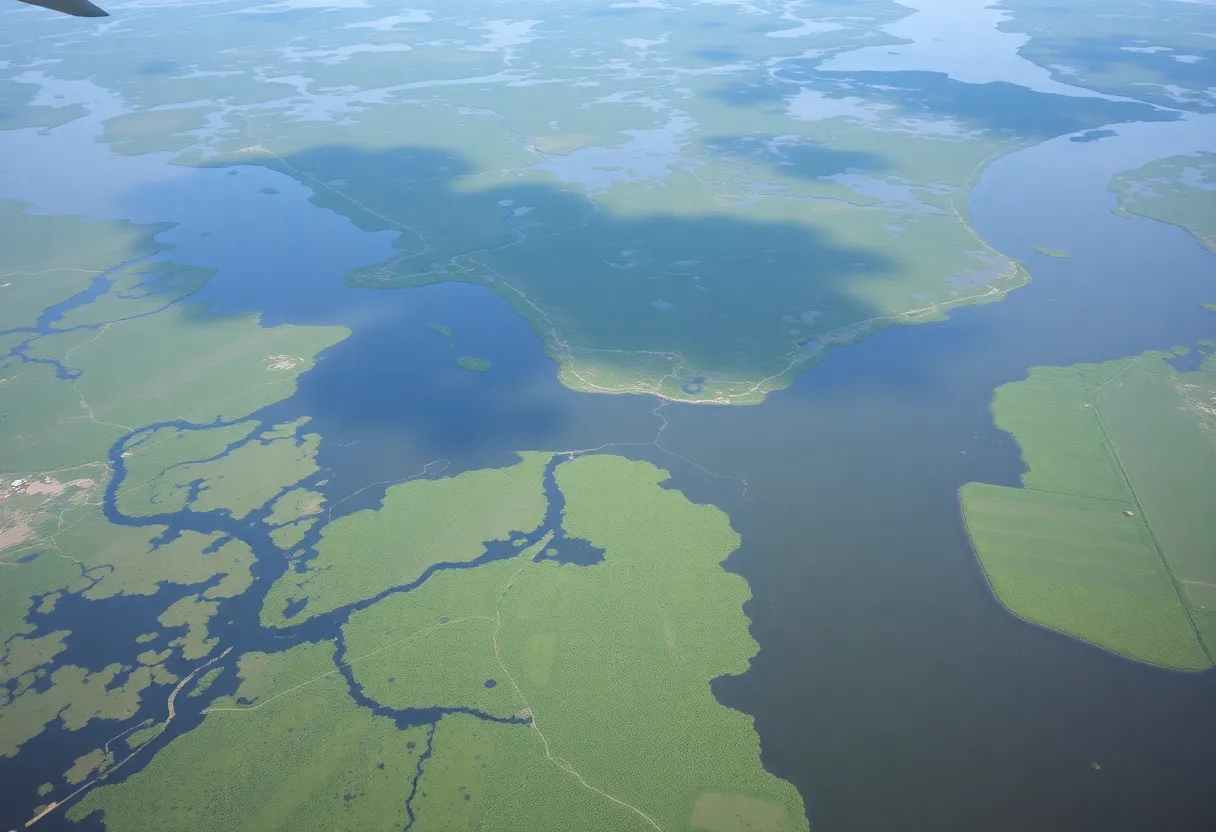 Aerial view of restored wetlands in Louisiana.