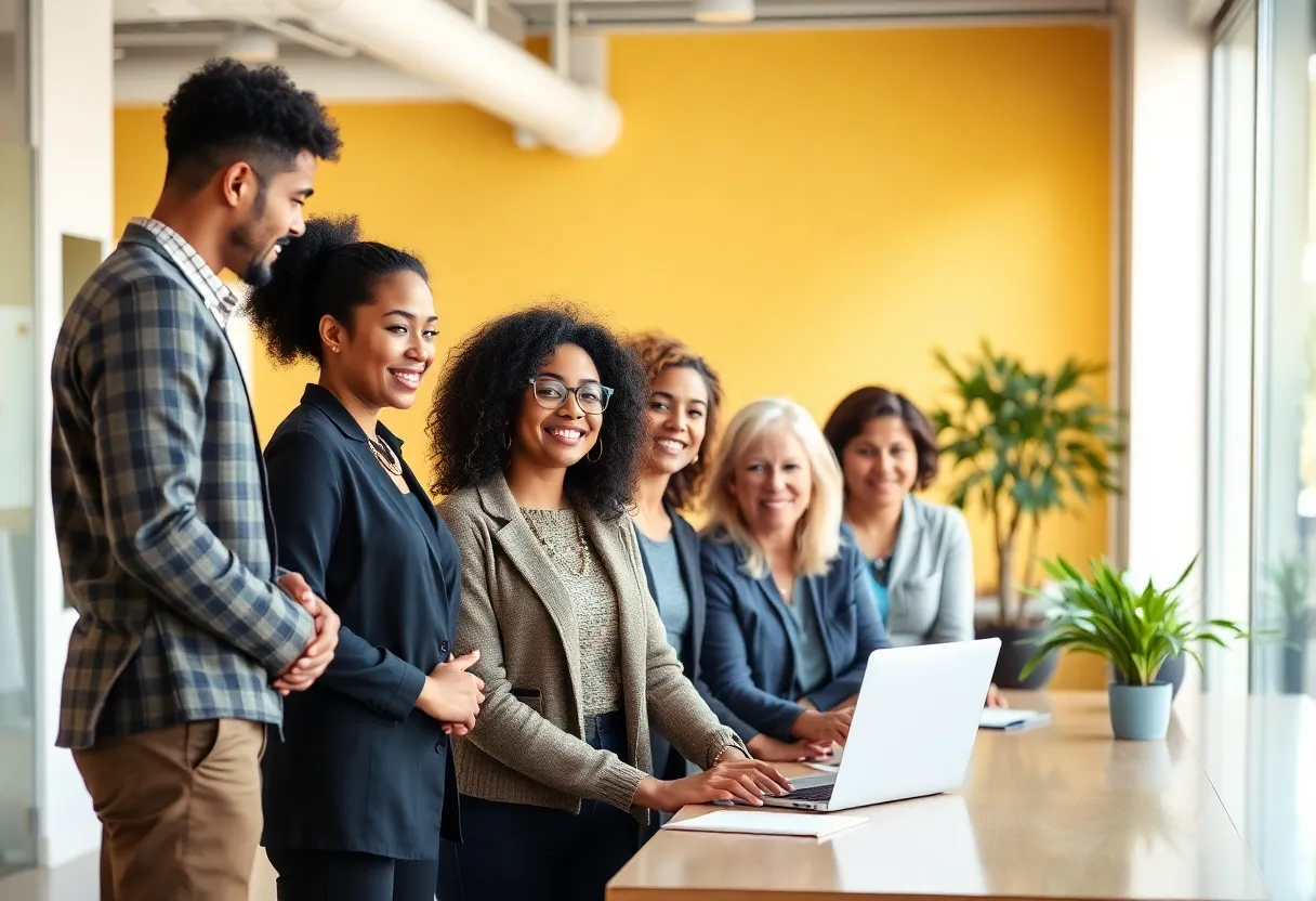 Diverse individuals collaborating in a modern workspace for workforce development.