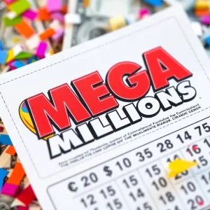 Mega Millions Lottery ticket with confetti