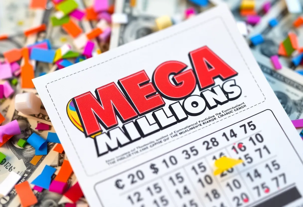 Mega Millions Lottery ticket with confetti