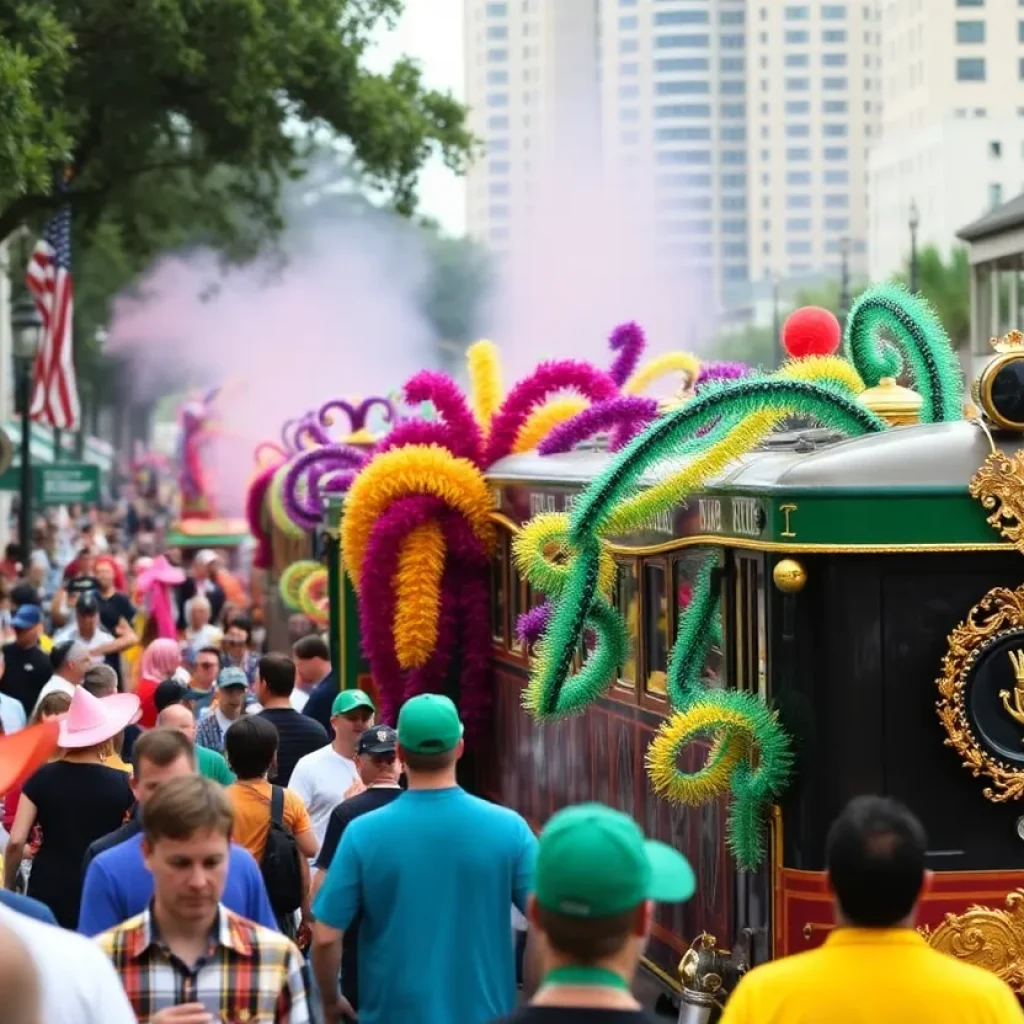 Mardi Gras celebration in New Orleans with colorful floats and attendees