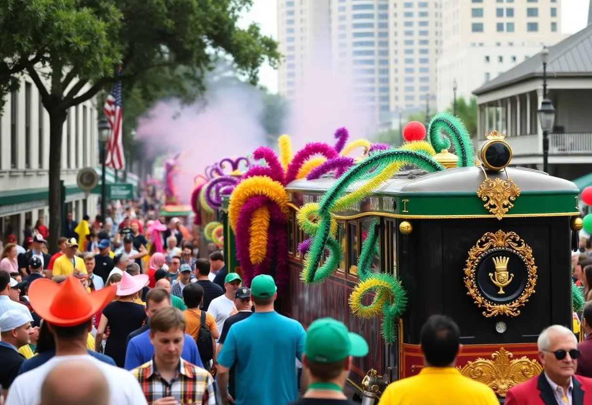 Mardi Gras celebration in New Orleans with colorful floats and attendees