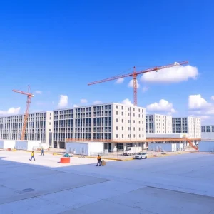 Construction site of the Meta data center showing large buildings and cranes.