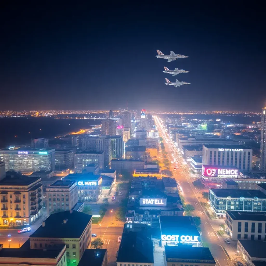 F-15C fighters flying over New Orleans at night.