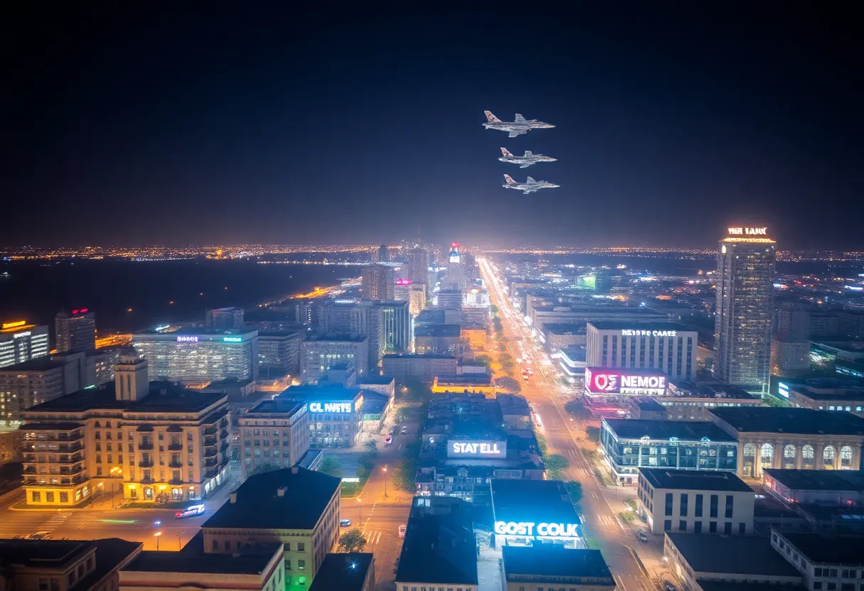 F-15C fighters flying over New Orleans at night.