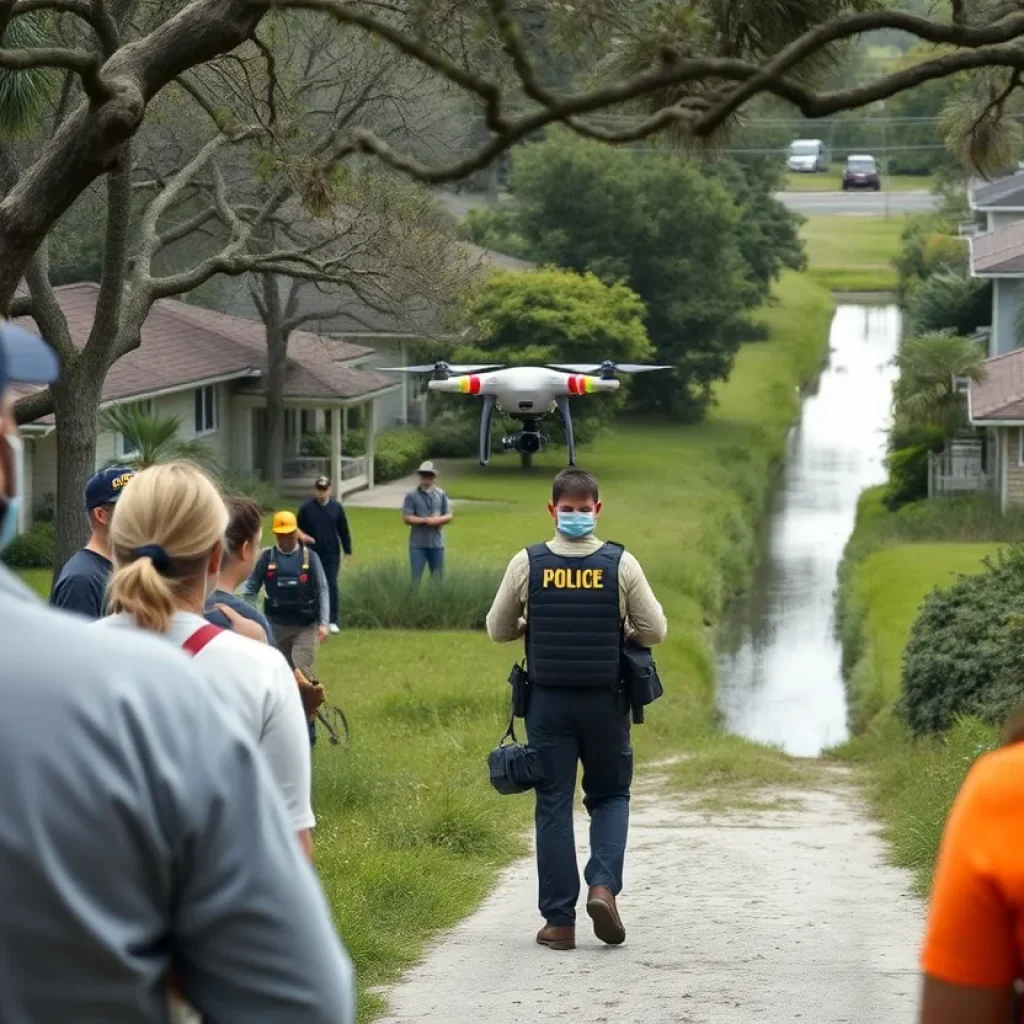 Volunteers and police searching in a neighborhood for a missing boy