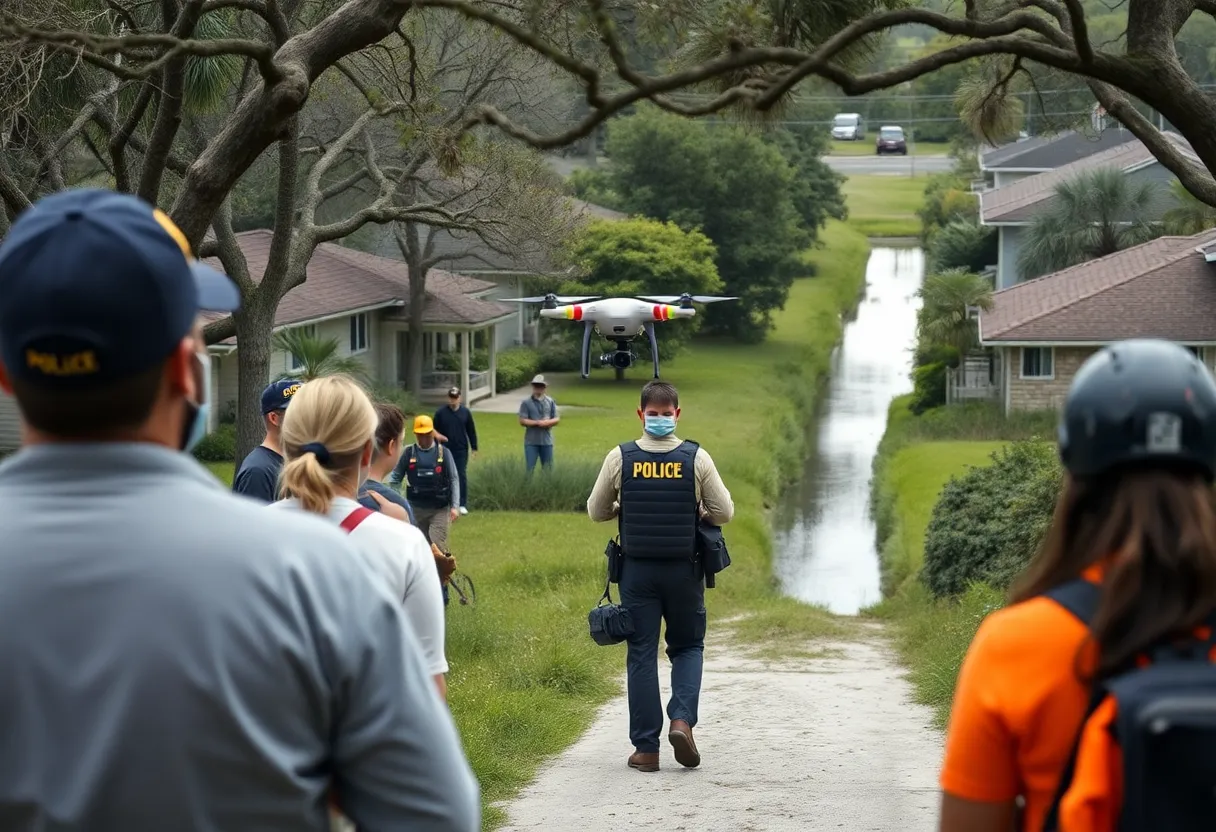 Volunteers and police searching in a neighborhood for a missing boy