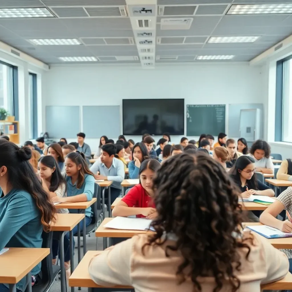 A diverse group of students in a modern classroom setting in New Orleans.