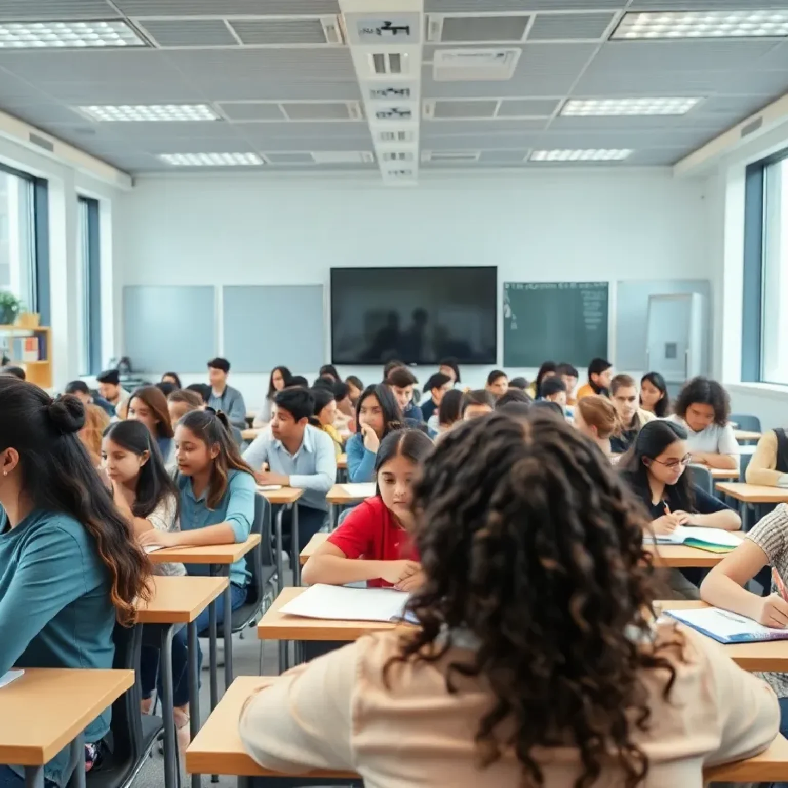 A diverse group of students in a modern classroom setting in New Orleans.