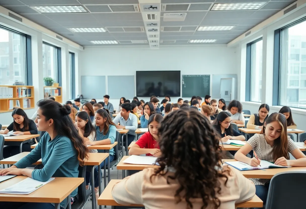 A diverse group of students in a modern classroom setting in New Orleans.
