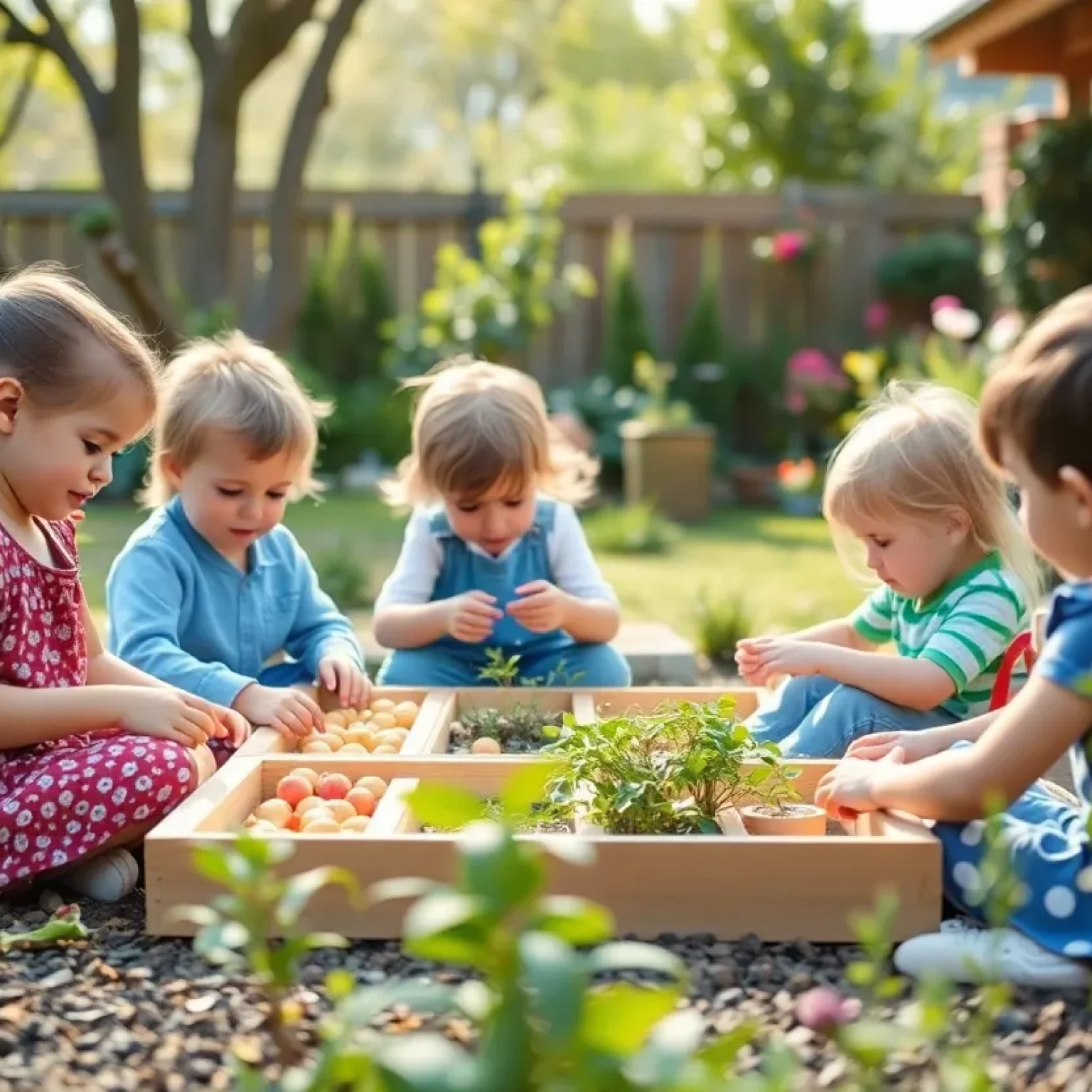 Children learning in a garden, representing Montessori education.