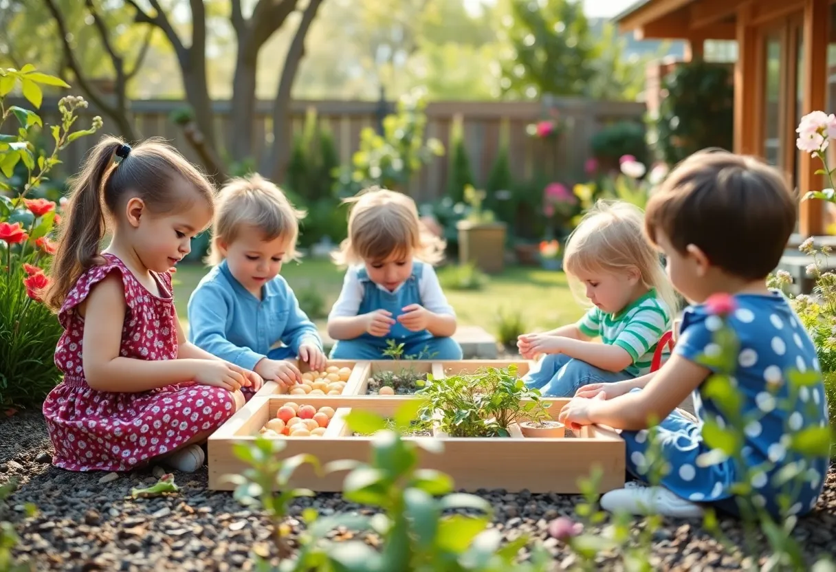 Children learning in a garden, representing Montessori education.