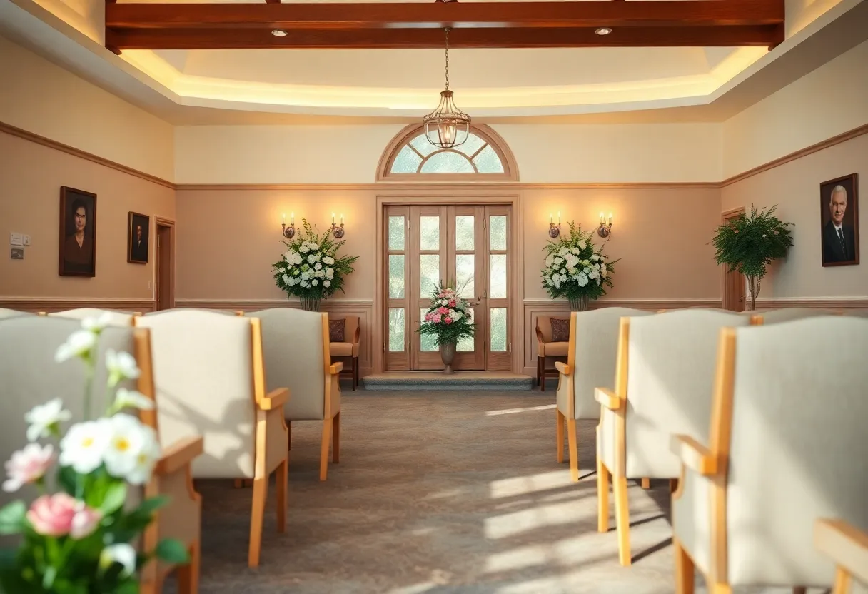 Serene interior of Mothe Funeral Homes with floral arrangements for a memorial service