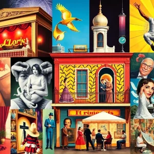 Collage of New Orleans arts scene highlighting festivals and exhibitions