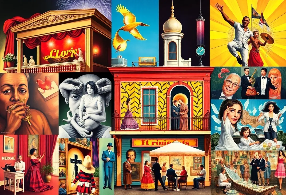 Collage of New Orleans arts scene highlighting festivals and exhibitions