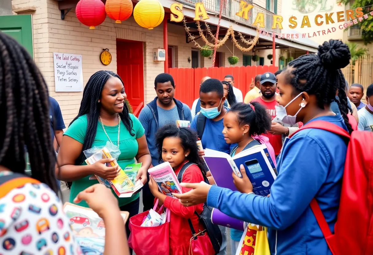 Families at a community event in New Orleans receiving school supplies.