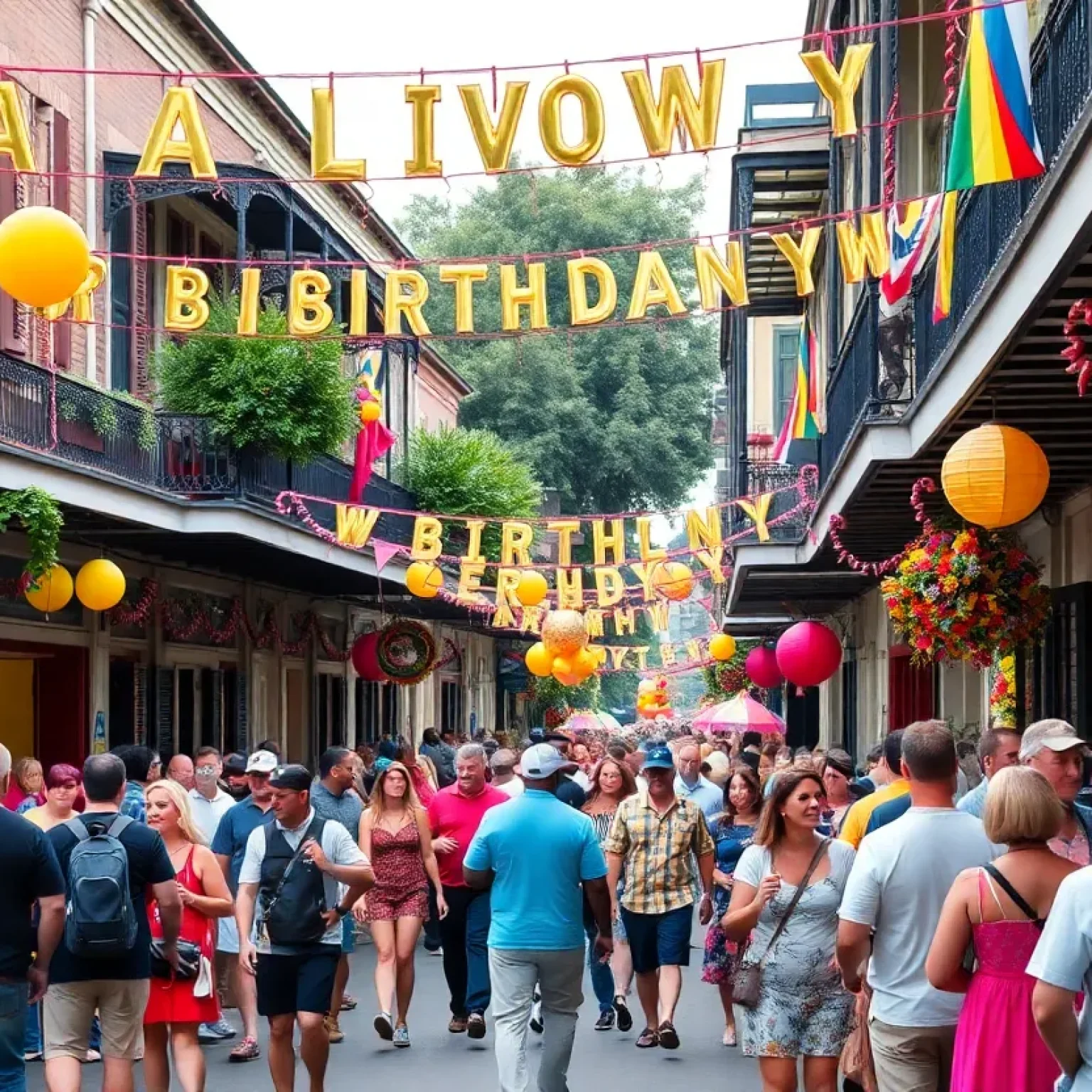 A vibrant street in New Orleans decorated for birthday celebrations.