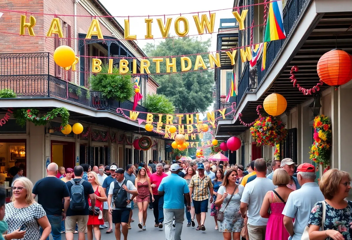A vibrant street in New Orleans decorated for birthday celebrations.