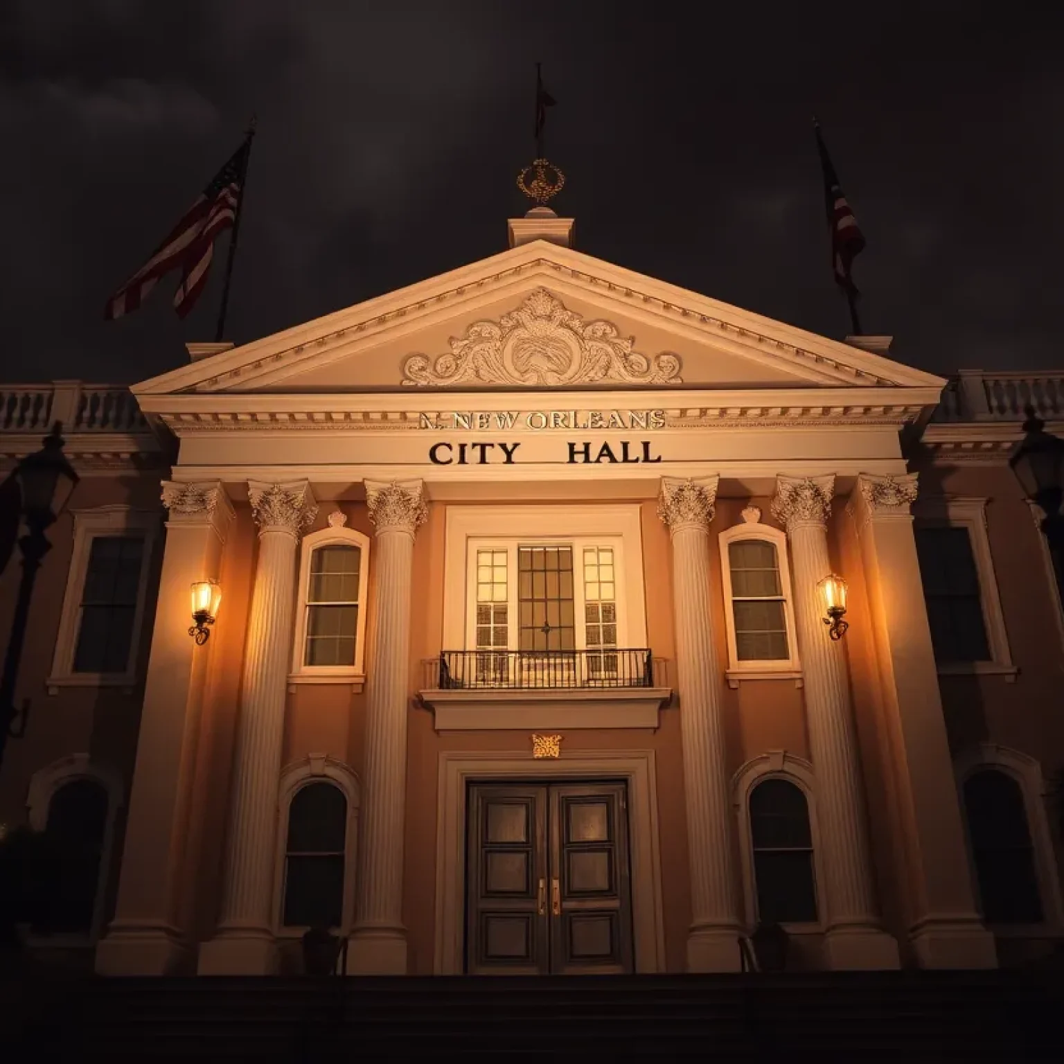 New Orleans City Hall with a backdrop symbolizing legal issues.