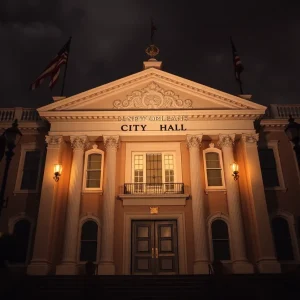 New Orleans City Hall with a backdrop symbolizing legal issues.