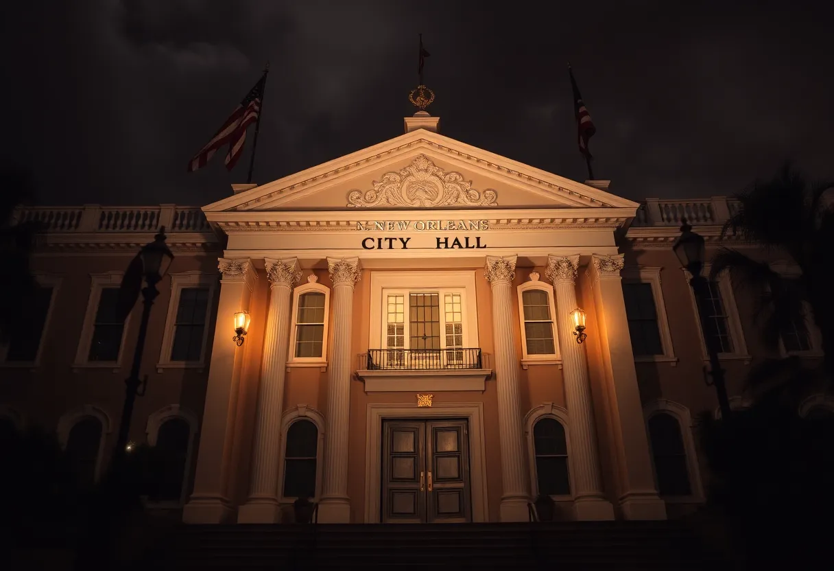 New Orleans City Hall with a backdrop symbolizing legal issues.