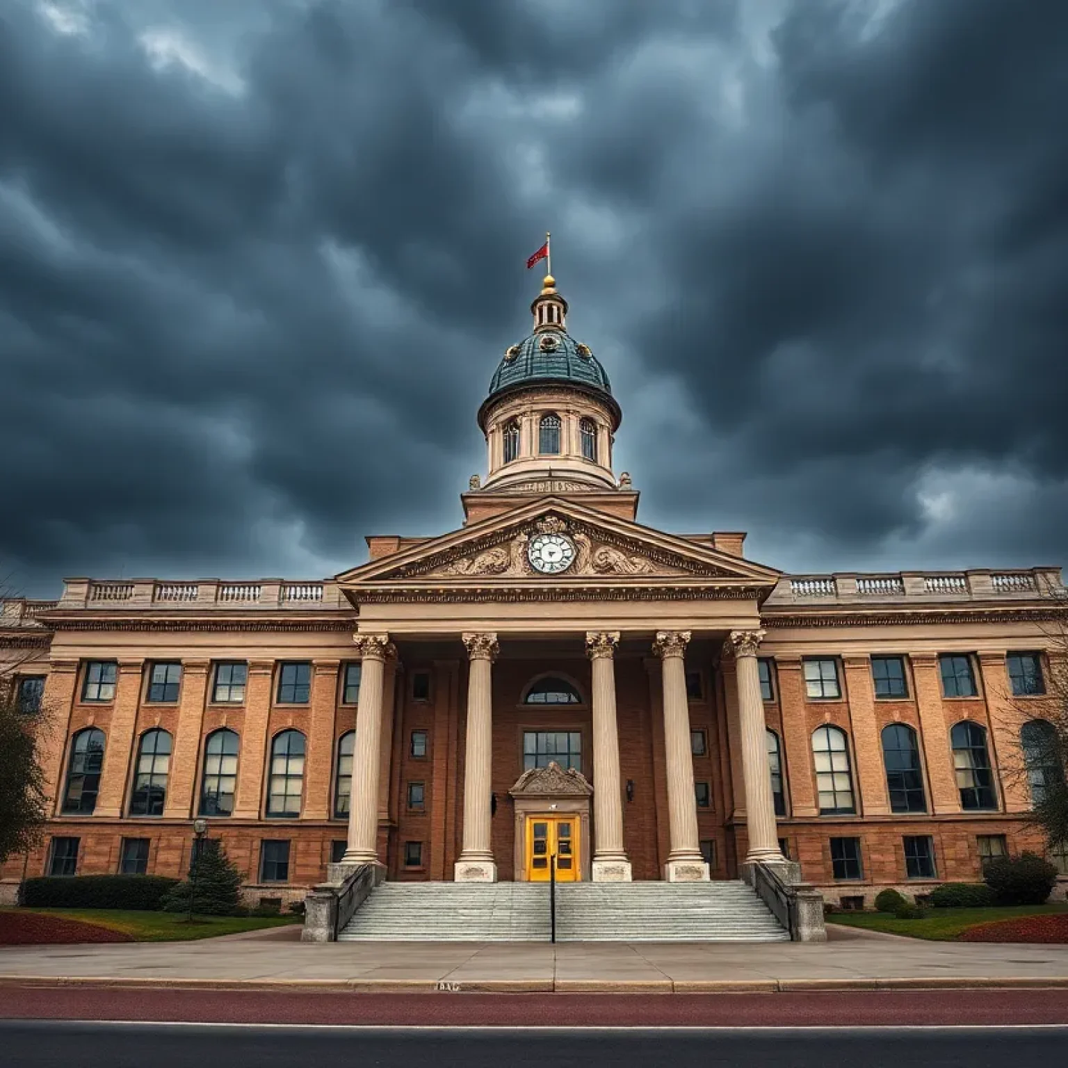 City Hall of New Orleans under a cloudy sky symbolizing political challenges