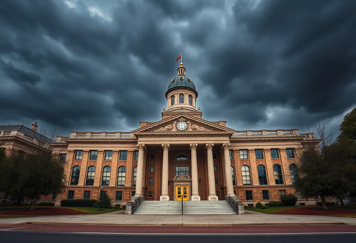City Hall of New Orleans under a cloudy sky symbolizing political challenges