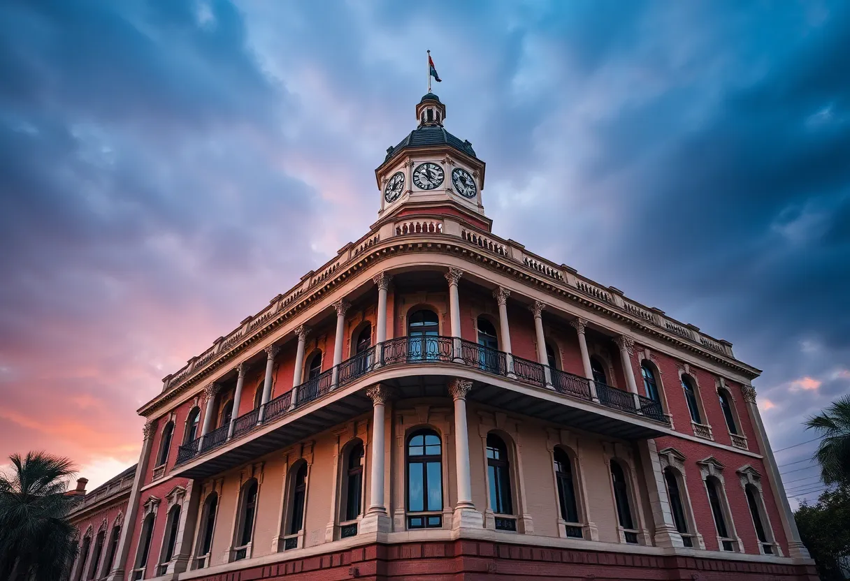 New Orleans City Hall under a dramatic sky