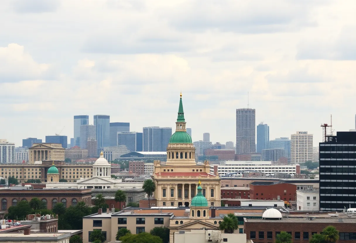 Skyline of New Orleans featuring government buildings.
